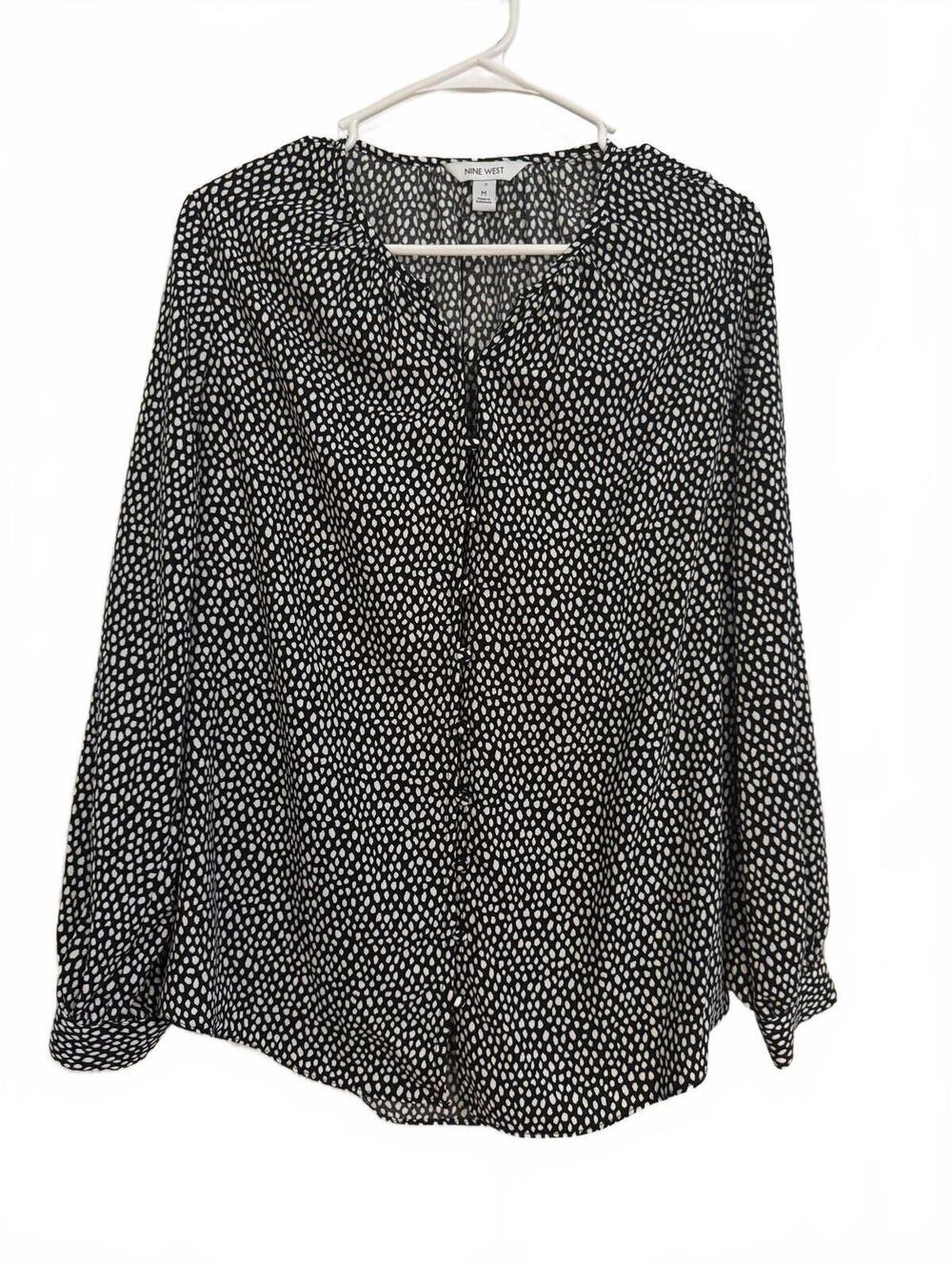 Nine West Black and White Printed Long Sleeve Button up Blouse Size M